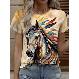 Women's T Shirt Print Graphic Animal Horse Stylish Classic Casual Short Sleeve Crew Neck Round Neck Regular Tops Daily White Yellow Pink Summer Spring