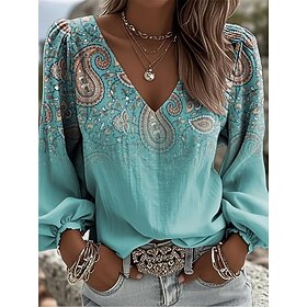 Women's Shirt Print Graphic Paisley Elegant Bohemia Vintage Long Sleeve V Neck Regular Tops Daily Holiday Blue Pink Green Summer Spring