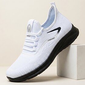 Men's White Knit Slip-On Sneakers Lightweight Breathable Cushioned Comfort Walk…