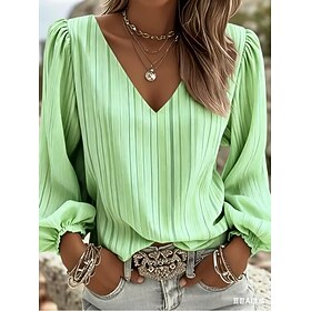 Women's Shirt Boho Shirt Pleated Graphic Striped Elegant Bohemia Vacation Long Sleeve V Neck Regular Tops Casual Daily Holiday Yellow Green Summer Spring