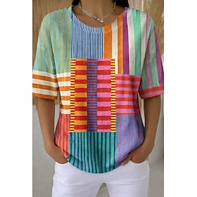 Women's Waffle T-shirt Textured Knit Tops Summer Tops Color Block Graphic Geometric Stylish Classic Short Sleeve Crew Neck Round Neck Regular Tops Casual Daily