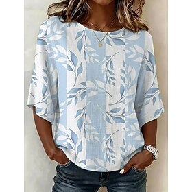 Women's Linen-feel Shirts Blouse Print Floral Graphic Bohemia Vintage Tropical 3/4 Length Sleeve Crew Neck Long Tops Casual Daily Vacation Wear Blue Summer Spr