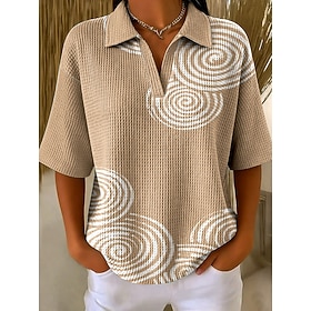Women's Waffle T-shirt Textured Knit Tops Graphic Geometric Abstract Elegant Vintage Stylish Half Sleeve Polo Collar Regular Tops Casual Daily Pink Green Khaki