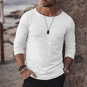 Men's Linen T-Shirt Long Sleeve Bateau Summer Spring All Seasons Solid Color Vintage Bohemian Casual Pockets Plain Casual Vacation Street Blue Lake blue Black