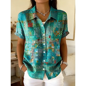 Women's Shirt Buttons Print Graphic Geometric Paisley Daily Stylish Casual Short Sleeve Shirt Collar Regular Tops Casual Daily Green Beige Summer Spring