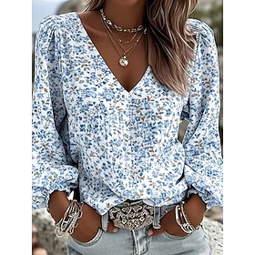 Women's Shirt Floral Graphic Vintage Stylish Long Sleeve V Neck Regular Tops Daily Holiday Going out Blue Sage Green Light Green Pink Summer Spring