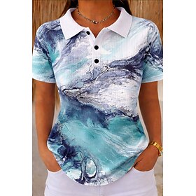 Women's Waffle Shirt Casual Shirt Summer Tops Graphic Geometric Abstract Vintage Stylish Sleeveless Polo Collar Regular Tops Casual Daily Outdoor White and Blu
