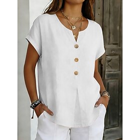 Women's Blouse Buttons Solid Color Stylish Basic Casual Short Sleeve V Neck Regular Tops Daily Blue Black White Pink Purple Summer Spring