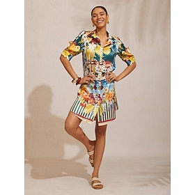 Santorini Summer Silky Scenic Floral Shirt Dress: retailer-supplied image