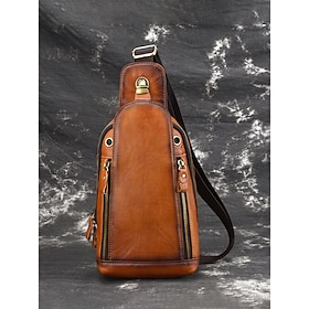 Men's Full-Grain Leather Sling Bag, Multi-Compartment Large Capacity Crossbody Bag with Adjustable Strap, Stylish Coffee and Brown Colors for Casual Daily Use,