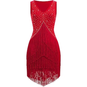 Women's Red Rhinestone Fringe Latin Dance Dress Sleeveless V Neck Ballroom Competition Dress
