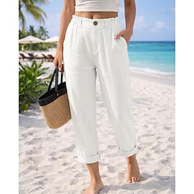 Women's Linen-feel Pants Casual Pants Vacation Basic Ankle-Length High Waist Comfortable Inelastic Vacation Formal Street Blue Dark-Gray Apricot Black Summer S