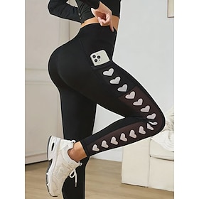 Women's Pilates Pants Yoga Pants Fitness Leggings Side Pockets Mesh Ruched Butt Lifting Gym Workout Running Fitness Leggings Solid Color Heart Black White Dark