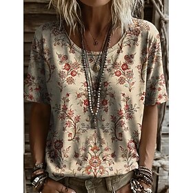 Women's T Shirt Print Floral Graphic Plants Vintage Stylish Casual Short Sleeve V Neck Regular Tops Casual Daily Weekend Blue White-Blue Light Beige Beige Summ
