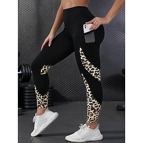 Women's Pilates Pants Yoga Pants Fitness Leggings Side Pockets Ruched Butt Lifting High Waist Gym Workout Running Fitness Leggings Mixed Color Leopard Print Wh