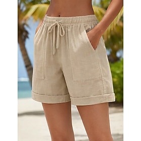 Women's Cotton Linen Shorts Chinos Shorts Summer Shorts Vacation Basic Short High Waist Plain Pocket Elastic Waistband Comfy Comfort Soft Inelastic Daily Outdo
