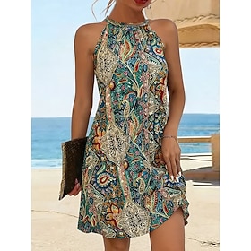 Women's Knee Length Dress A Line Dress Summer Dress Vacation Casual Regular Fit Graphic Boho Paisley Damask Sleeveless Halter Neck Yellow Red Orange Green Summ