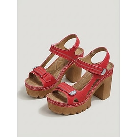 Women's Red Platform Block Heel Sandals – Chunky Lug Sole Open Toe Sandals with Adjustable Strap, Fashion Casual Summer Shoes for Travel, Garden Party  Daily W