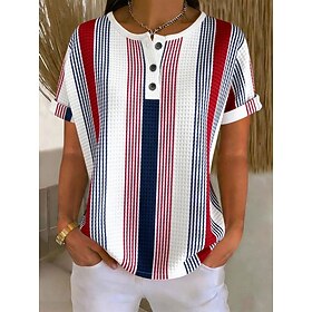 Women's Waffle Textured Knit Tops T Shirt Color Block Graphic Geometry Stylish Classic Short Sleeve Crew Neck Round Neck Henley Long Tops Daily Sports Blue Red