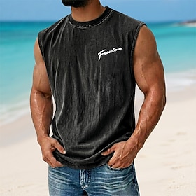 Men's Freedom Vest Top Acid Washed T Shirt Undershirt Sleeveless T shirt Graphic Print Crew Neck Shirt Vacation Tropical Fashion Daily Vacation Beaches Black B