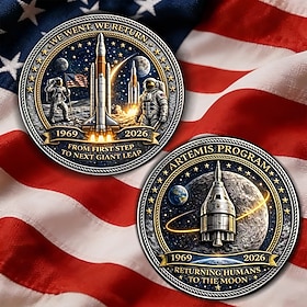 Artemis II Lunar Mission Commemorative Coin, Moon Landing Tribute 1969–2026, Astronaut Rocket Space Exploration Collectible, Historical Space Memorabilia Gift