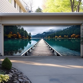 Banner 3D panoramico sul lago, sul molo di legno, per porta del garage, cartellone pubblicitario, murale di grandi dimensioni con paesaggio naturale e