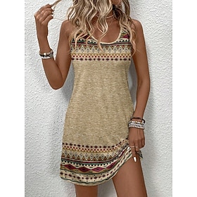 Women's Mini Dress A Line Dress Vacation Casual Beach Holiday Slim Fit Graphic Geometric Sleeveless U Neck Brown Khaki Summer Spring