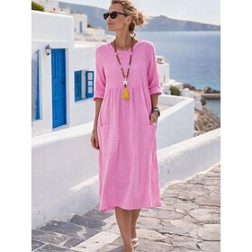 Women's Midi Dress Linen-feel Dresses A Line Dress Summer Dress Casual Daily Loose Fit Plain 3/4 Length Sleeve Crew Neck Blue Yellow Pink Fuchsia Summer Spring