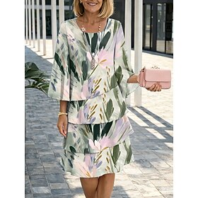 Women's Knee Length Dress Shift Dress Casual Regular Fit Floral Graphic Leaf 3/4 Length Sleeve Crew Neck Blue Pink Green Summer Spring