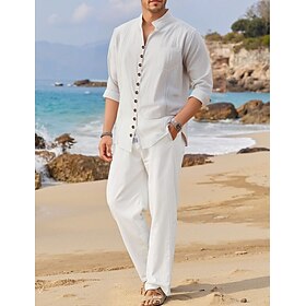 Men's Linen Shirt 2 Piece Shirt Set And Linen Pants Trousers Casual Pants Set Plain Daily Outdoor Vacation Grandad Collar Long Sleeve Summer Spring Fashion Cas