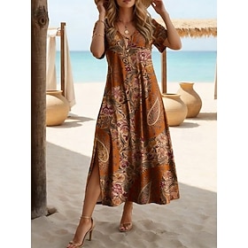 Women's Midi Dress A Line Dress Casual Daily Regular Fit Floral Abstract Short Sleeve V Neck White Purple Orange Brown Summer Spring