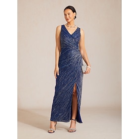 Women's Maxi Dress Sheath Dress Wrap Dress Elegant Evening Party Wedding Guest Pleated Metallic Regular Fit Solid Color Sleeveless V Neck Navy Blue
