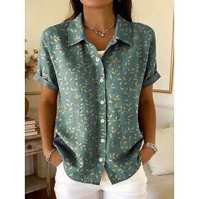 Women's Shirt Buttons Print Floral Graphic Geometric Daily Stylish Casual Short Sleeve Shirt Collar Crop Tops Casual Daily Sage Green Green Summer Spring
