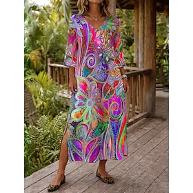 Women's Maxi Dress Boho Dress Shift Dress Sundress Beach Dress Bohemia Vacation Ethnic Beach Holiday Date Regular Fit Graphic Abstract 3/4 Length Sleeve V Neck