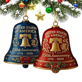 2 Pack USA 250th Anniversary Commemorative Bell Ornaments (1776-2026), Patriotic Liberty Bell Christmas Tree Decoration, United States Semiquincentennial Keeps