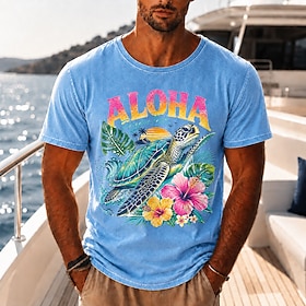 Camiseta de hombre con estampado floral de carey y palmeras de coco, 100% algodón, con efecto desteñido ácido, de manga corta, con cuello redondo y estampado D