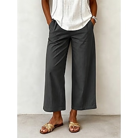 Women's Wide Leg Trousers Casual Pants Vacation Fashion Streetwear Full Length High Waist Plain Pocket Elastic Waist Comfortable Breathable Inelastic Daily Vac