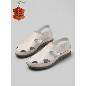 Women's Beige Genuine Leather Closed Toe Sandals – Breathable Cutout Comfort Shoes with Magic Tape for Walking, Travel, Daily Wear Outdoor