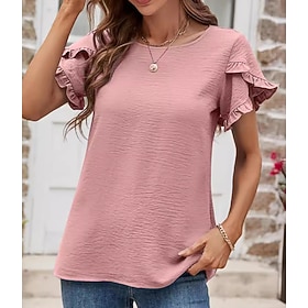Women's T Shirt Tee Top Plain Elegant Short Sleeve Ruffle Sleeve Crew Neck Long Tops Casual Pink Wine Green Summer Spring