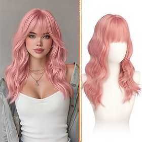 Pink Wigs with Bangs - 20 Inch Long Soft Wavy Natural Looking Synthetic Heat Resistant Hair Wig for Women Daily Party