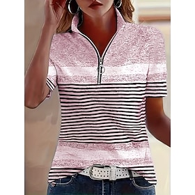 Valentine's Day Women's T Shirt Zipper Quarter Zip Striped Graphic Geometric Color Block Vintage Tropical Hawaiian Short Sleeve High Neck Regular Tops Beach We