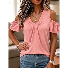 Women's T Shirt Tee Top Solid Color Elegant Fashion Short Sleeve Raglan Sleeves V Neck Regular Tops Casual Blue-Green Black White Pink Navy Blue Summer Spring