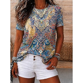 Women's T Shirt Print Floral Graphic Geometric Vintage Stylish Casual Short Sleeve V Neck Regular Tops Casual Daily Weekend Blue Light Green Dark Green Summer