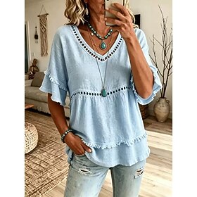 Women's Blouse Lace Solid Color Vintage Stylish Casual Short Sleeve V Neck Regular Tops Casual Daily Blue Khaki Pink Purple Beige Summer Spring