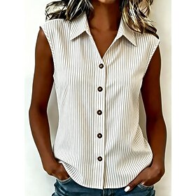 Women's Shirt Blouse Striped Stylish Casual Sleeveless Polo Collar Regular Tops Casual Blue White Yellow Pink Brown Summer Spring