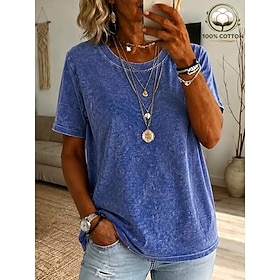 Women's 100% Cotton T Shirt Cotton Shirt Vintage Washed Tops Acid Wash Vintage Washed Plain Vintage Fashion Stylish Short Sleeve Crew Neck Regular Tops Casual
