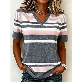 Women's T Shirt Print Striped Stylish Casual Short Sleeve V Neck Long Tops Daily Brown And White Black and White Dusty Rose Gray Summer Spring Fall Winter