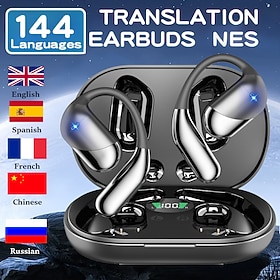 Language Translator Earbuds 144 Languages Real-time Translation Wireless Language Translator Device Bluetooth Earbuds Open Ear Clip Headphones with LED Power D