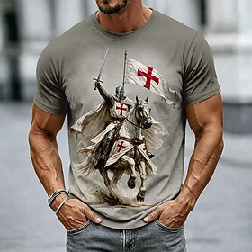 Men's Horse Knights Templar Crusaders Cross T Shirt Short Sleeve T shirt 3D Print Crew Neck Shirt Religious Street Dark Party Black Khaki All Seasons Clothing