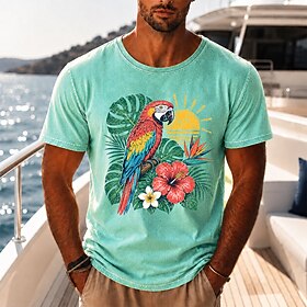 Men's Floral Parrot Coconut Palm 100 Cotton Acid Wash Heavyweight T-shirt Short Sleeve T shirt DTG Crew Neck Shirt Fashion Daily Holiday Blue Black Red Spring